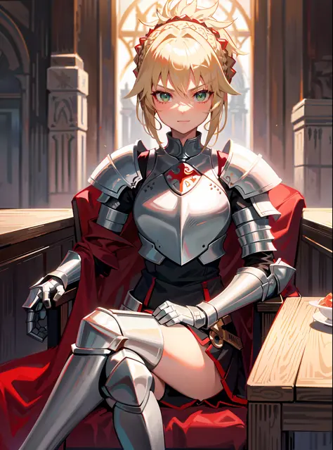 1girl, solo, mordred \(fate\), ponytail, green eyes, braid, smug, full body, full knight armor, silver armor, mordred armor, fat...