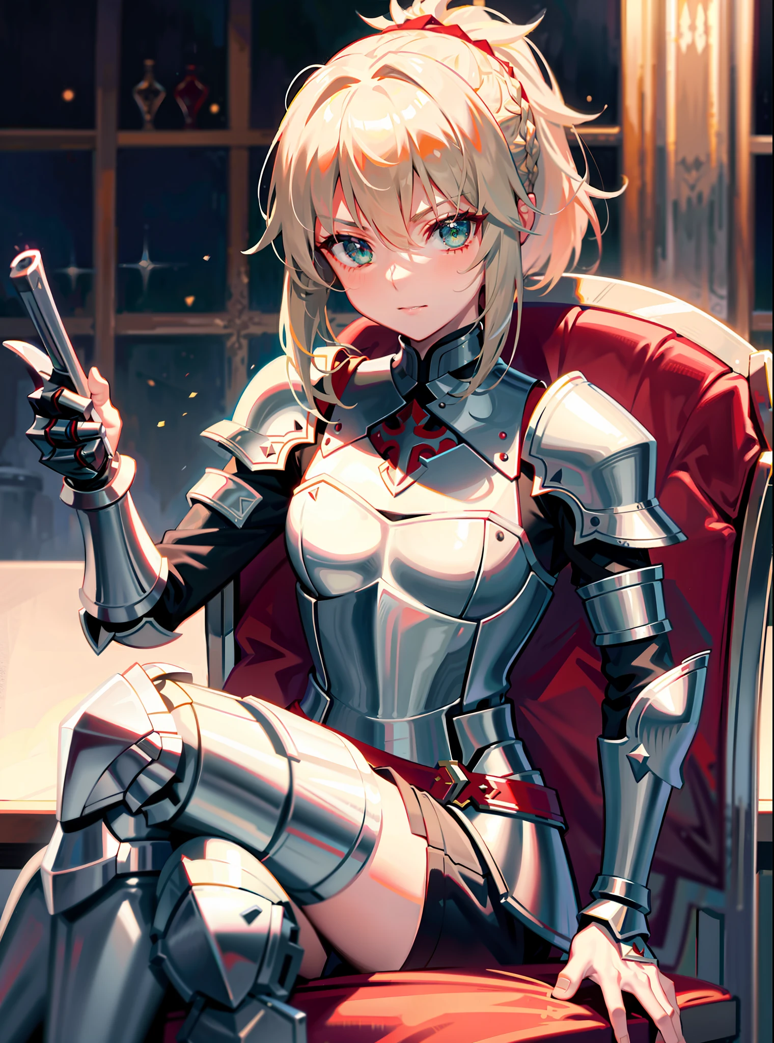 1girl, solo, mordred \(fate\), ponytail, green eyes, braid, smug, full body, full knight armor, silver armor, mordred armor, fate apocrypha, red edges, tavern, table, sitting in chair, crossed legs, no errors, well detailed, extremely well done