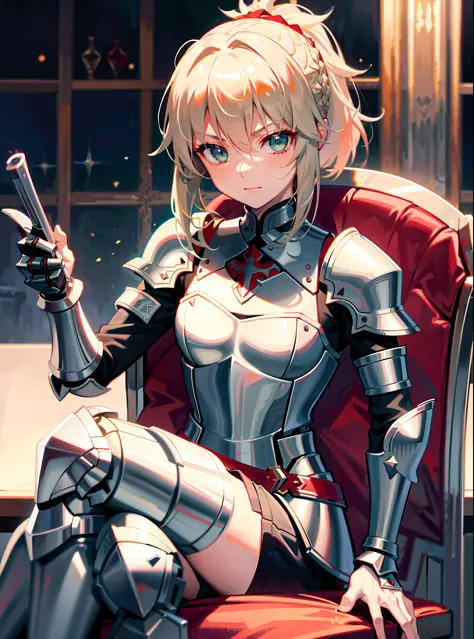 1girl, solo, mordred \(fate\), ponytail, green eyes, braid, smug, full body, full knight armor, silver armor, mordred armor, fat...