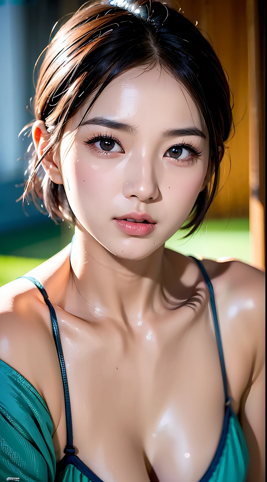 (yinchuan:1.5), close-up, masterpiece, best quality, raw photo, photorealistic, face, incredibly ridiculous, beautiful girl, cute, short hair, depth of field, high resolution, ultra detail, fine detail, highly detailed, highly detailed eyes and face, sharp pupils, realistic pupils, sharp focus, cinematic lighting, small bikini, upper body, big:2.0