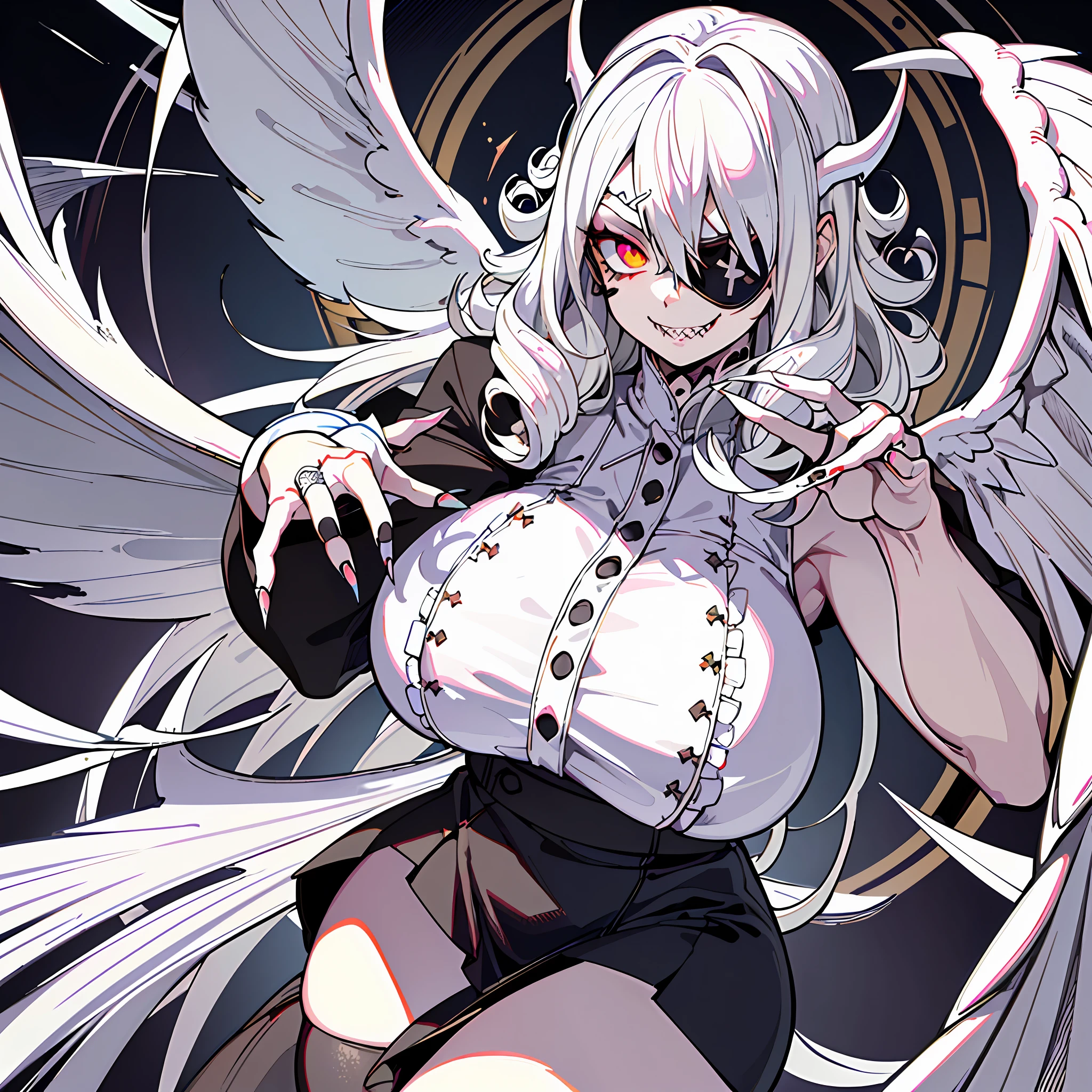 ((masterpiece)), best quality, white haired deity, ((angel wings)), pure black eyes, dark eyes, ((sharp teeth)), sharp smile, detailed eyes, striking eyes, ((detailed eye patch)), evil smile, creepy smile, (dragon eyes), thick lips, thick thighs, beauty mark, (((short skirt))), ((miniskirt)), ((huge breasts)), (curly hair), dragon