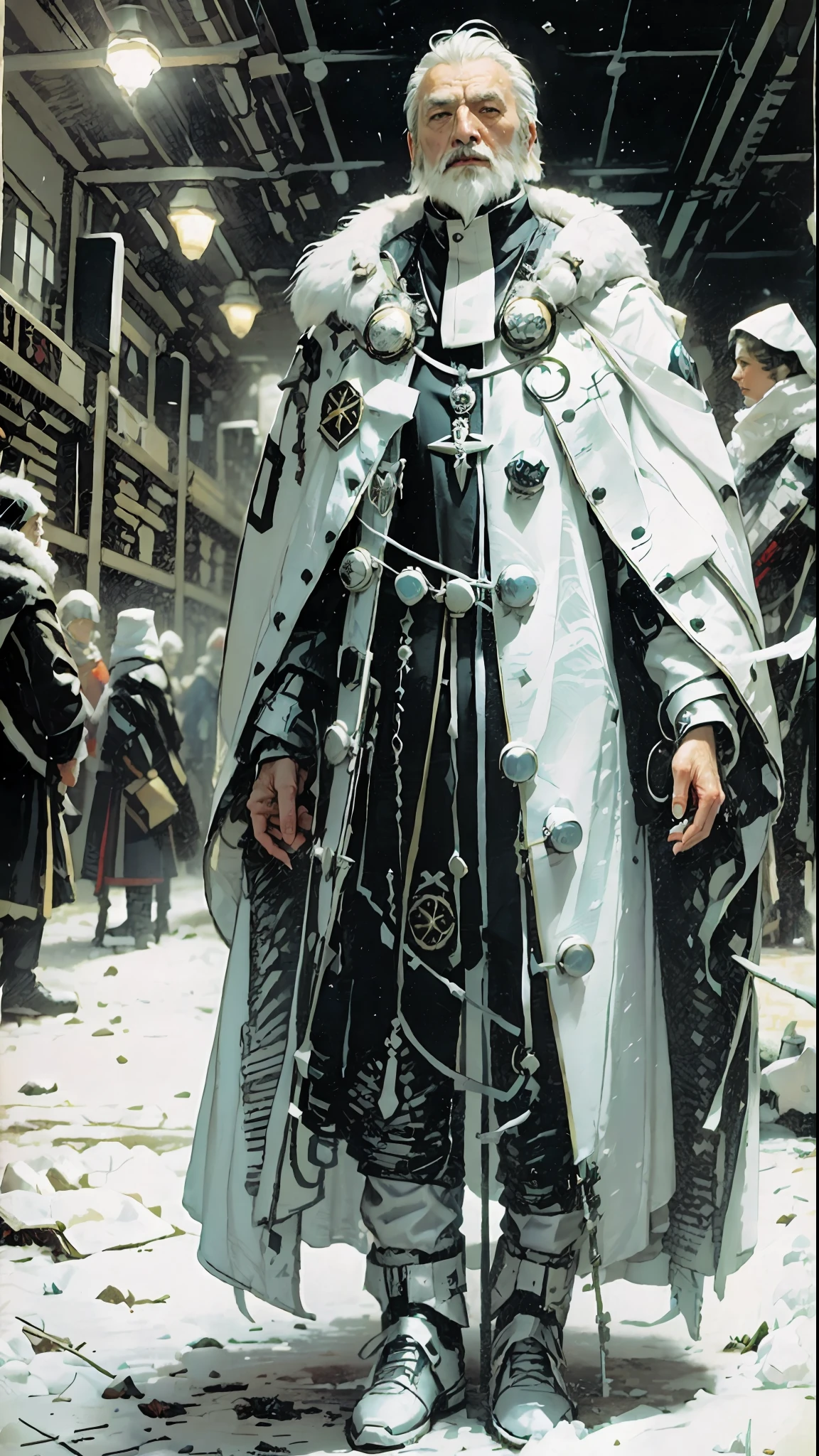 a 70 year old man, full body, cold, layers of clothes, futuristic suit and a white overcoat, librarian, writer, bulky clothes, futuristic clothes, [Liam Neeson] priest, librarian, short hair, big top, pointed white beard, eye tattoo, stylized sun tattoo on right eye, futuristic clothes, layered clothes, cloak, furry robe, cold inspired by Adrienn Henczné Deáki,  pants, cold, fur cloak, inspired by Olivia de Berardinis