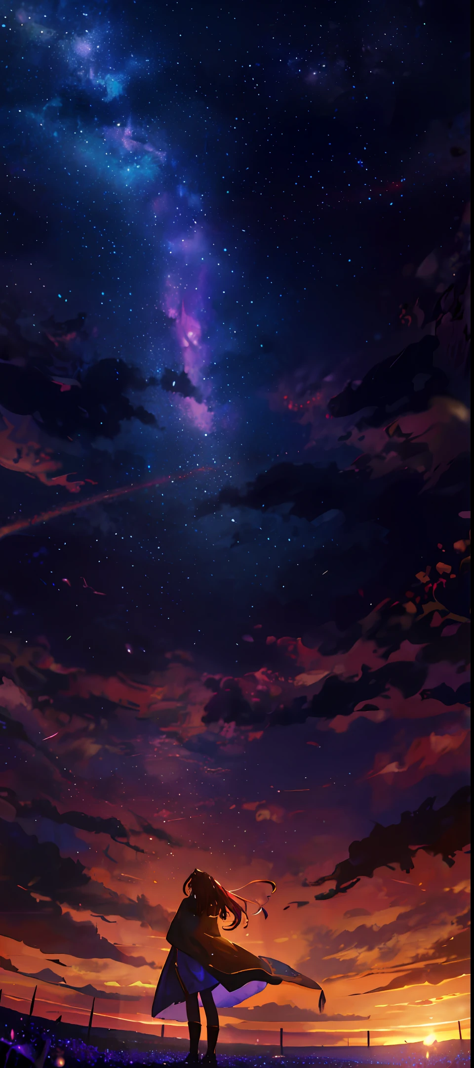 A wide landscape photo, (viewed from below, the sky is above, and the open field is below), a girl standing on a flower field looking up, (full moon: 1.2), (meteor: 0.9), (nebula: 1.3), distant mountains , Trees BREAK Crafting Art, (Warm Light: 1.2), (Firefly: 1.2), Lights, Lots of Purple and Orange, Intricate Details, Volumetric Lighting BREAK (Masterpiece: 1.2), (Best Quality), 4k, Ultra Detailed, (Dynamic Composition: 1.4), Rich in Detail and Color, (Rainbow Color: 1.2), (Glow, Atmospheric Lighting), Dreamy, Magical, (Solo: 1.2)
