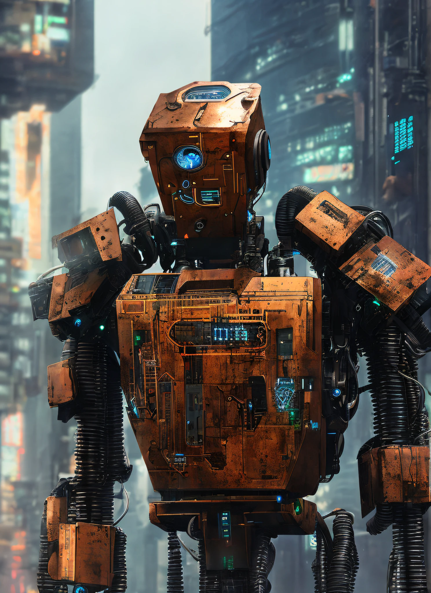 (Humanoid:1.3), (human size:1.1), solo, 1 robot, old militech robot, visible wires, rusted,, cyberpunk, detailed, high quality