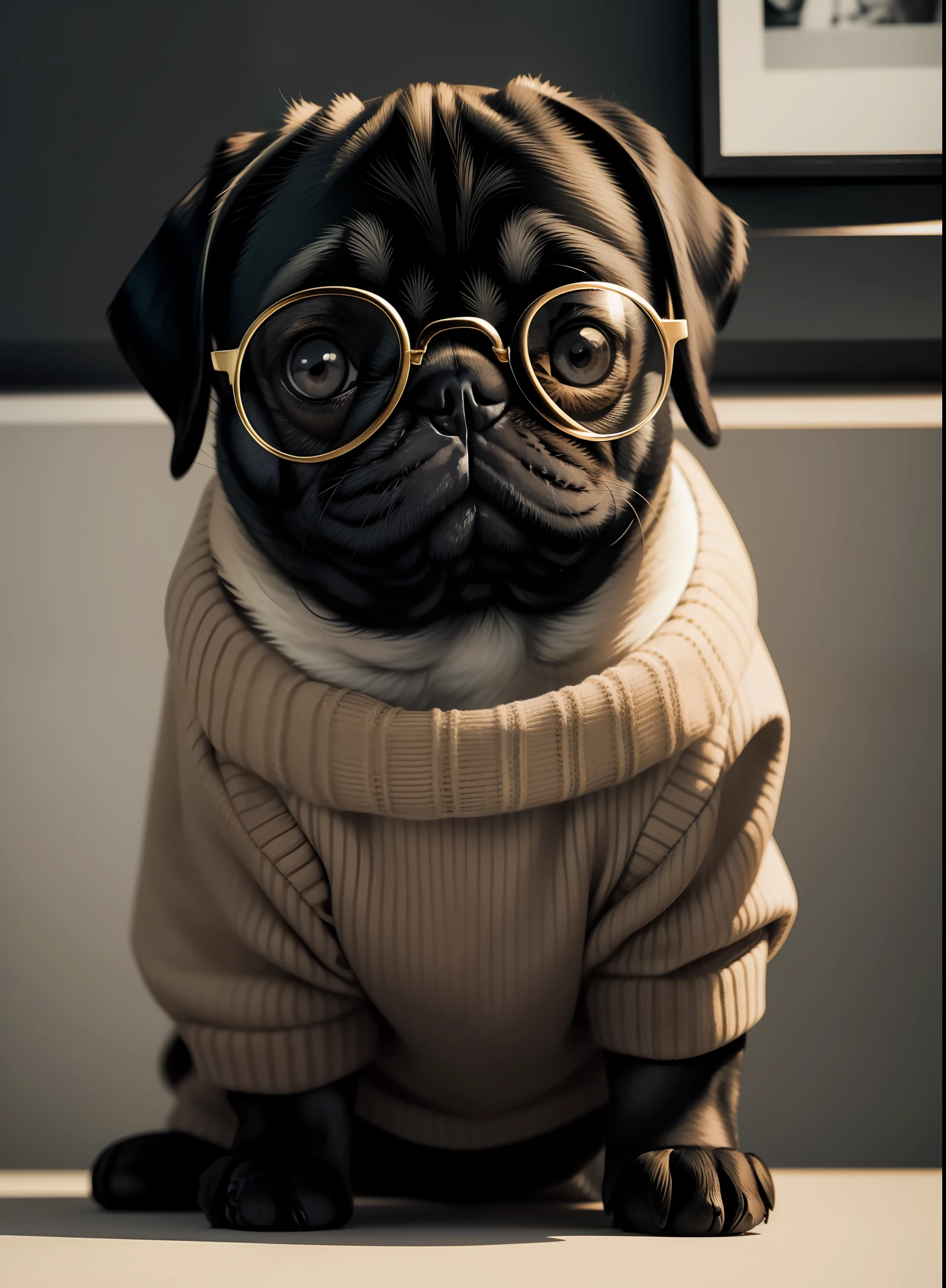 Imagine a very cute pug with big eyes, wearing a black and white plaid sweater, friendly, modern gold glasses, blurry background with a smooth wall and pictures