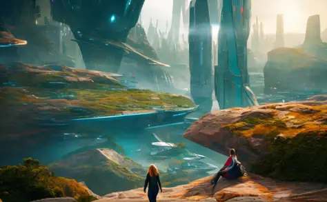 girl in background, futuristic sci-fi city landscape, sci-fi, ultra-realistic, high resolution, city