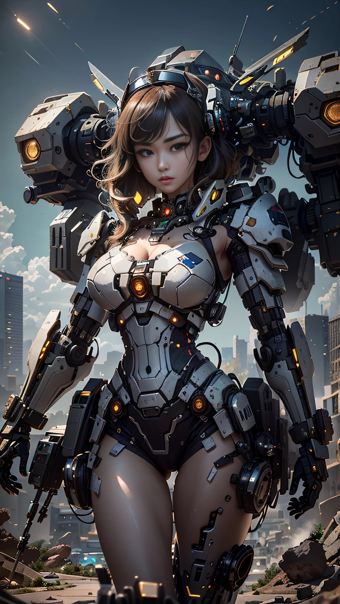 ((Best Quality)), ((Masterpiece)), (Very Detailed:1.3), 3D, Shitu-mecha, Beautiful cyberpunk woman wearing a crown with her mecha in ruins of a city of forgotten wars, streets with mecha in firefight, long silver hair, sci-fi technology, HDR (High Dynamic Range), ray tracing, NVIDIA RTX, super resolution, Unreal 5, subsurface scattering, PBR texture, post-processing, anisotropic filtering, depth of field, maximum sharpness and sharpness, Multi-layer textures, albedo and specular maps, surface shading, accurate simulation of light-material interactions, perfect ratios, octane rendering, duotone lighting, low ISO, white balance, rule of thirds, wide aperture, 8K RAW, efficient sub-pixels, subpixel convolution, luminous particles, light scattering, Tyndall effect