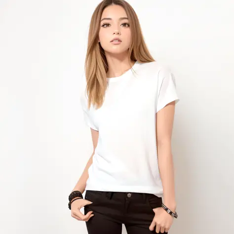 arafed woman in a white shirt and black jeans posing for a picture, white t-shirt, white t - shirt, plain white tshirt, white ts...