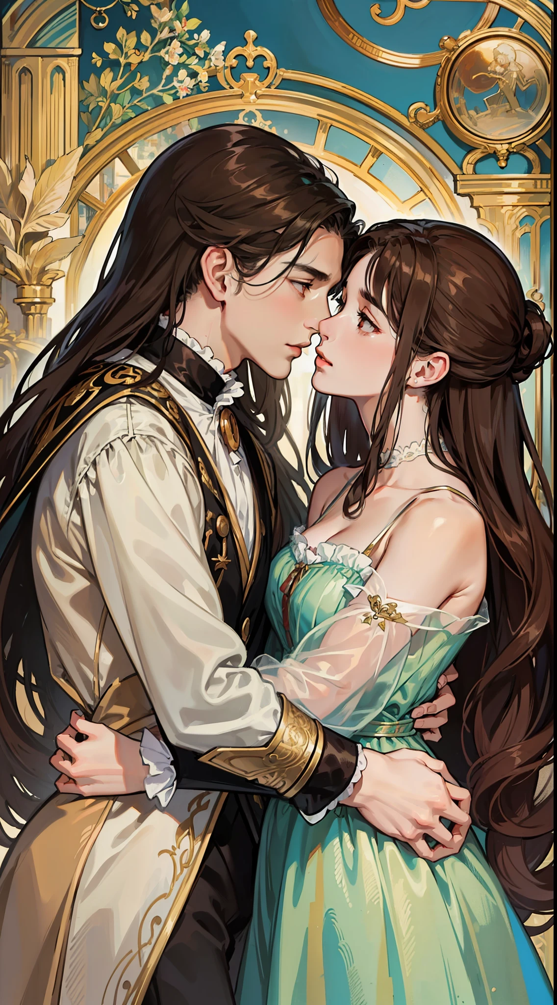 ((masterpieces)), best quality, outstanding illustration, a couple kissing, soft focus, 1 boy with long black hair, RED EYES, 1 girl with long brown hair, BROWN EYES, Victorian clothes, Victorian romanticism, opulent and exquisite atmosphere, soft light and warm lighting.