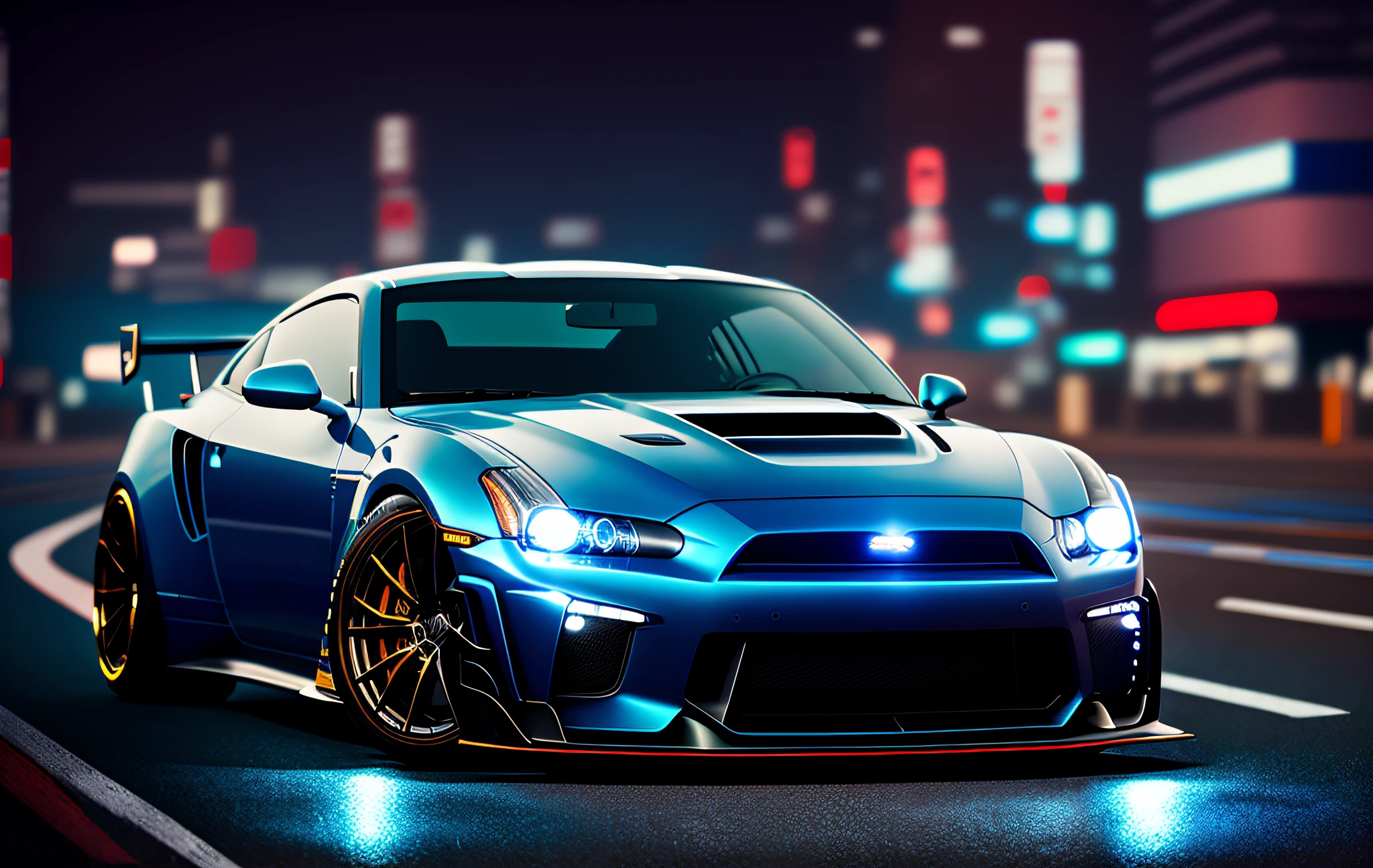 (Masterpiece, highest quality), (8k, RAW photo, highest quality, masterpiece: 1.2), (realistic, photorealistic: 1.37), ultra detail, car focus, backlight, lens flare, depth of field, car, sports car, (Midnight Drift: 1) photo, fusion of GTR35 and Fairlady Z, The color of the car body is black, the front light is round and the beam light is on, the paint is three-color, The tire is a tarmac slick tire, runs late at night in the center of Tokyo, 180 km / h, the front skirt is a sharp small design, the overall design is like a Gundam, the driver is a beautiful Japan woman, street lights shine, time-lapse, glazed paint, back skirt is integrated, large left and right even cyber design, moonlight, sunny midnight, building street, shopping street, bay, smoke from tires, wind expression, You can see the slip smoke screen of the tires, the color of the light is blue and normal many,