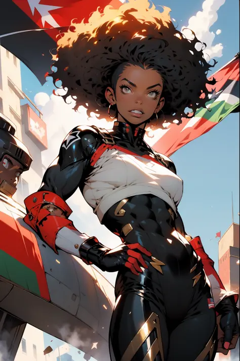 (((Simon Bisley))), (((flag))), Mature 35-year-old muscular woman beautiful, ((((black African woman)))), (((afro hair))), giant...
