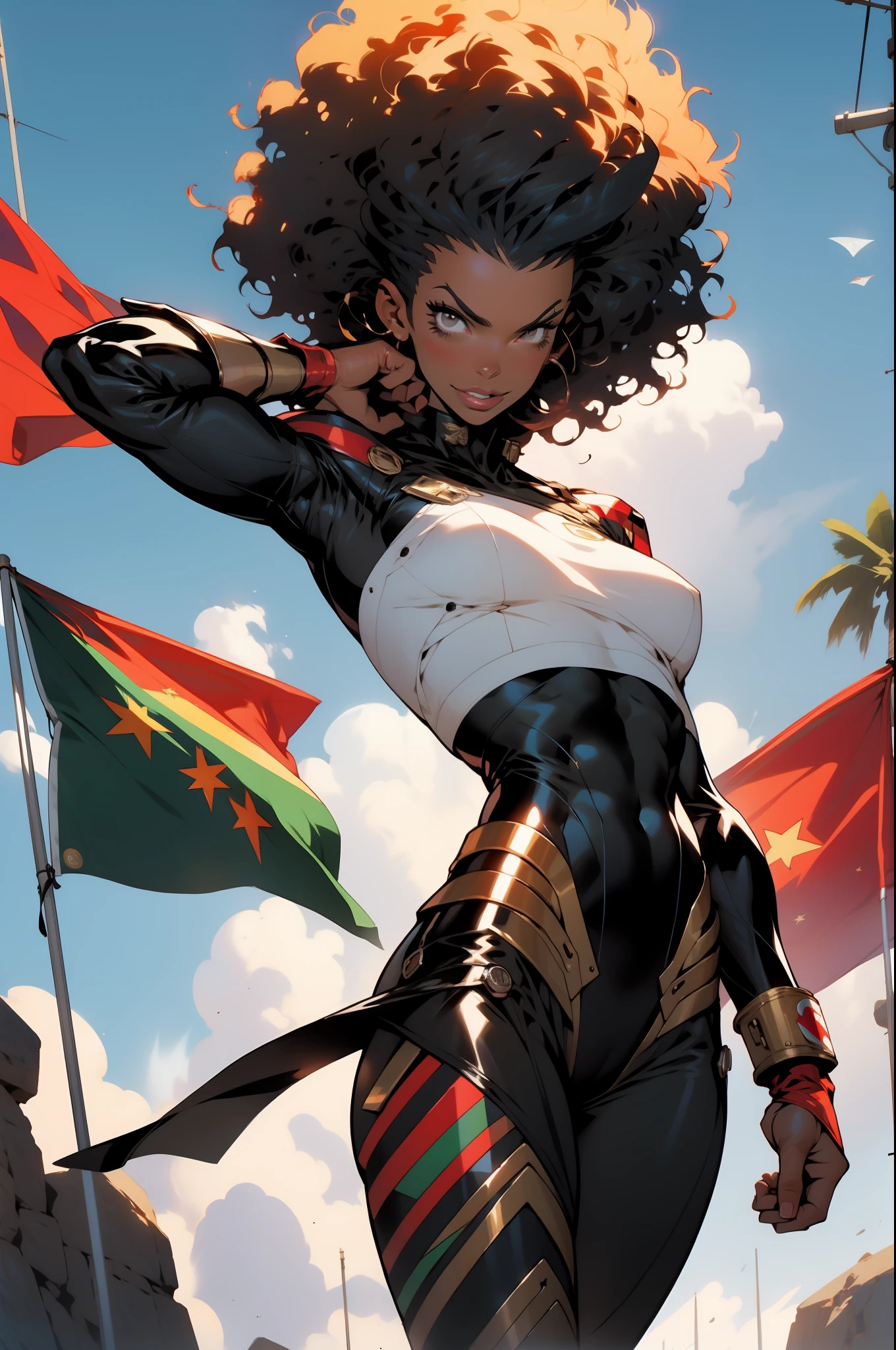 (((Simon Bisley))), (((flag))), Mature 35-year-old muscular woman beautiful, ((((black African woman)))), (((afro hair))), giant robot pilot, wild with perfect body, bare thighs, black hair, wearing little clothing, dark blue outfit with white stars, red with white stripes, tiny thong, hoarse with the colors of the United States flag, sensual pose, large breasts, technological scenery