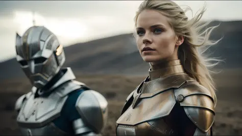 there is a woman in armor next to a robot, inspired by nína tryggvadóttir, vfx photo, beauty campaign, brown armor, blonde warri...