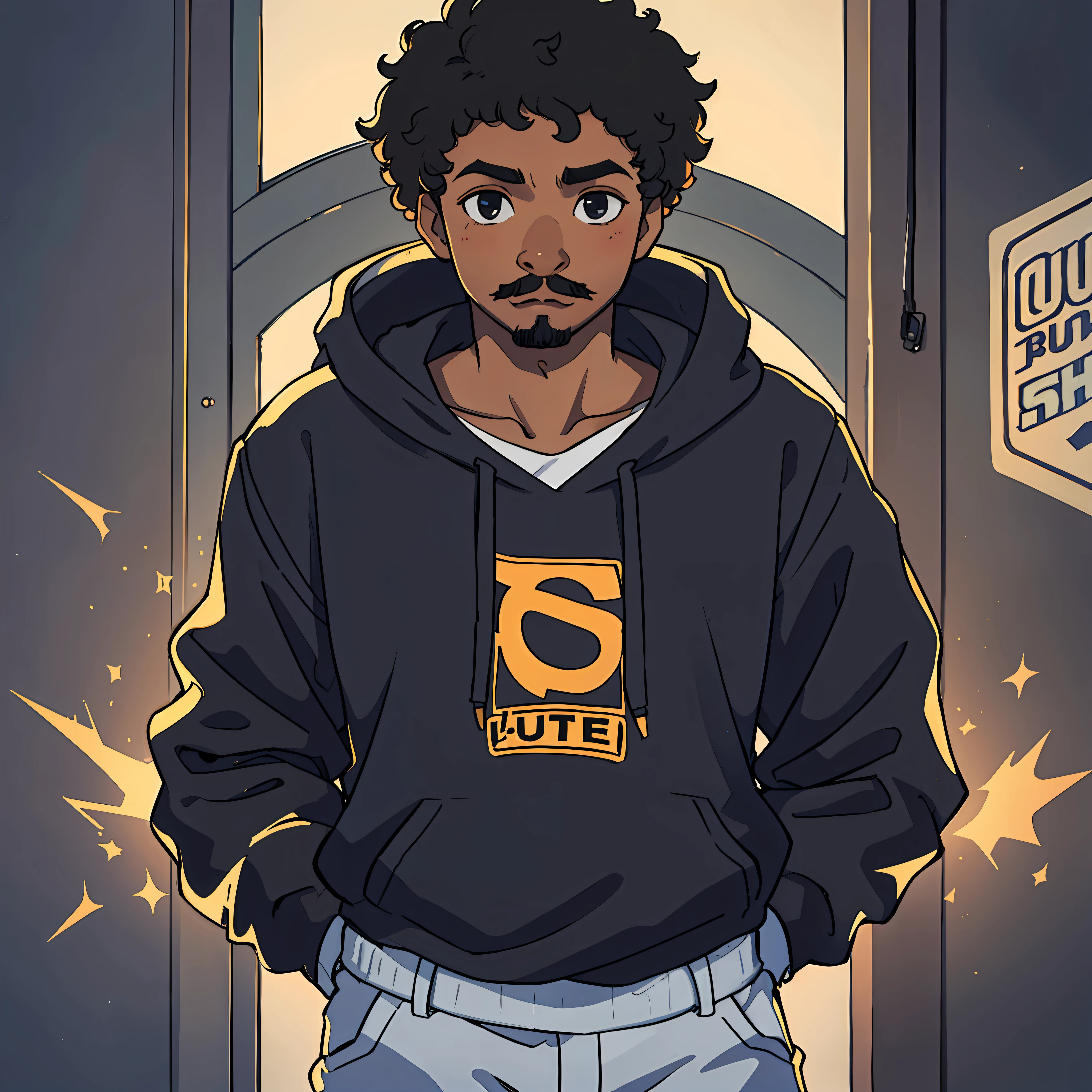 A 20-year-old, black teenager with super short, curly hair, wearing a hoodie, has a goatee and a super thin mustache. SUPER DETAILED