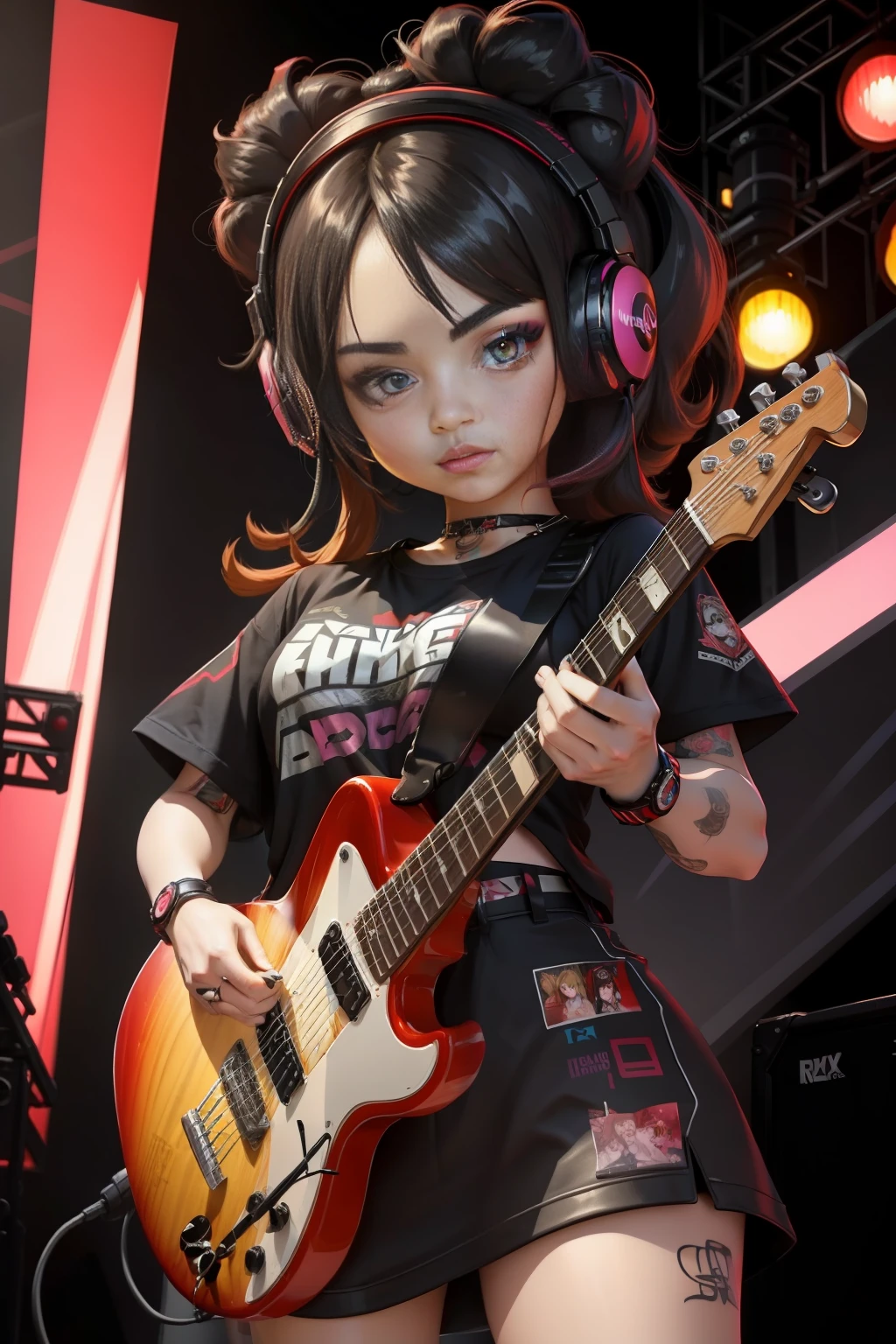 16k Ultra HD Vivid Colors Masterpiece Ultra Resolution Cinematic Digital Art, Chibi Style, A 20 Year Old Big Head Girl, Big Black Eyes, Black Hair, Light Brown Eyes, Rock Clothes, Tattoo on Her Arm, Standing Playing Colorful Electric Guitar, Effect Out of Guitar, She's on top of a stage, with gamer headphones. Vivid colors, vibrant colors, spicy colors, cinematic RAW light best ultra HD quality.