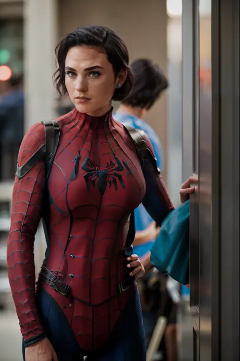 1woman, looking at the viewer, in a full body (spider-man costume), cosplay, black hair, alone, (solo:1.2), bokeh, , (highly det...