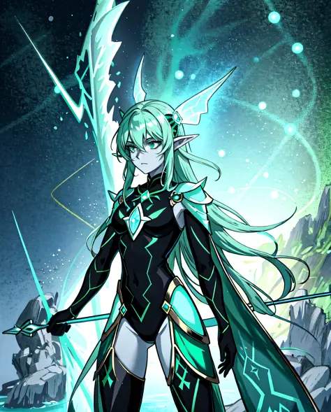 aqua elf, luminescent green skin with black spots, long green translucent hand like antennae, black sea armor with glowing gold ...