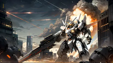 sky, cloud, holding_weapon, no_humans, glowing, , robot, building, glowing_eyes, mecha, science_fiction, city, real, mech, snipe...