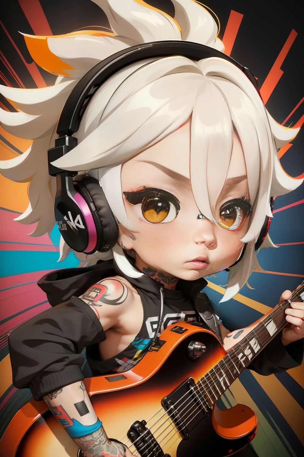Raw 16k Ultra HD Vivid Colors Masterpiece Ultra Resolution Cinematic Digital Art, Chibi Style, A Cute Boy Big Head, Big Light Brown Eyes, White Hair, Wearing Rock Clothes, Tattoo on Arm, Playing Colorful Electric Guitar, Using Gamer Headset, Set of a Recording Studio. Vivid colors, vibrant colors, spicy colors, cinematic colors.