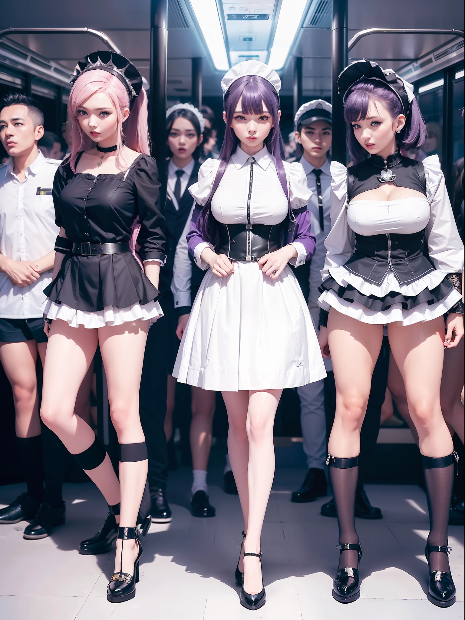 ((full body):1.5) {Only 1/woman}: wearing extremely short and tight black maid costume, white maid's headdress on her head, with an extremely small white skirt, has extremely large breasts, very short purple mohawk hair, blue eyes, looking at the viewer, striking sensual poses while standing. In one ((busload of passengers):1.5) looking at just {1/woman}. anime, anime style, 16k, ((high quality, high details):1.5), UHD, masterpiec