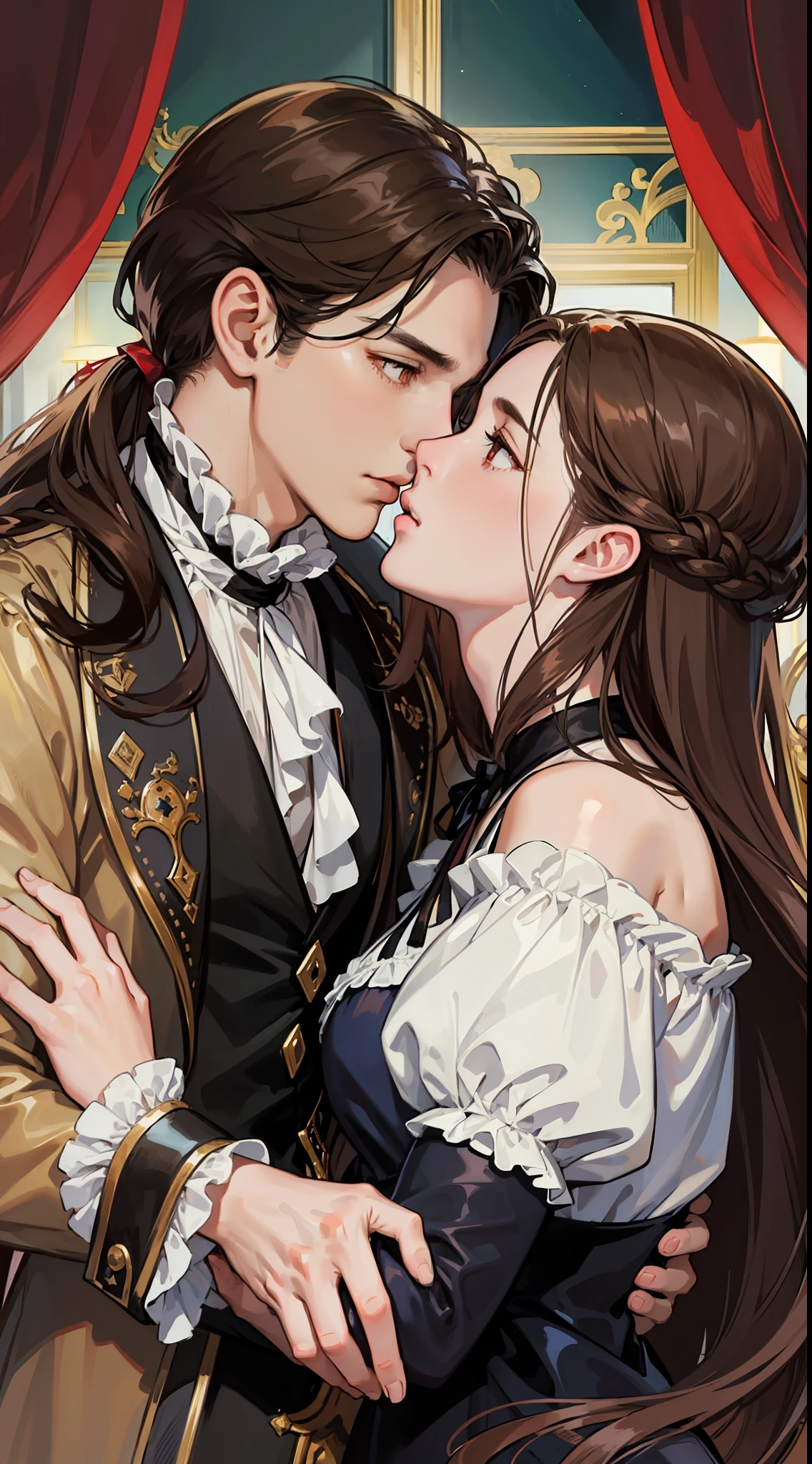 ((obras-primas)), melhor qualidade, ilustração excelente, um casal se beijando, foco suave, 1 menino com cabelo preto longo, olhos vermelhos, 1 menina com cabelo castanho longo, olhos castanhos, Roupas vitorianas, Romantismo vitoriano, atmosfera opulenta e requintada, luz suave e iluminação quente.