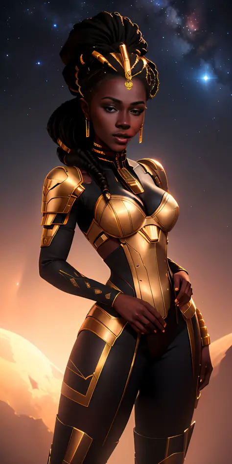 ((realistic image of a beautiful African-American woman, dark skin color)), beautiful smile, ((looking at the night sky, standin...