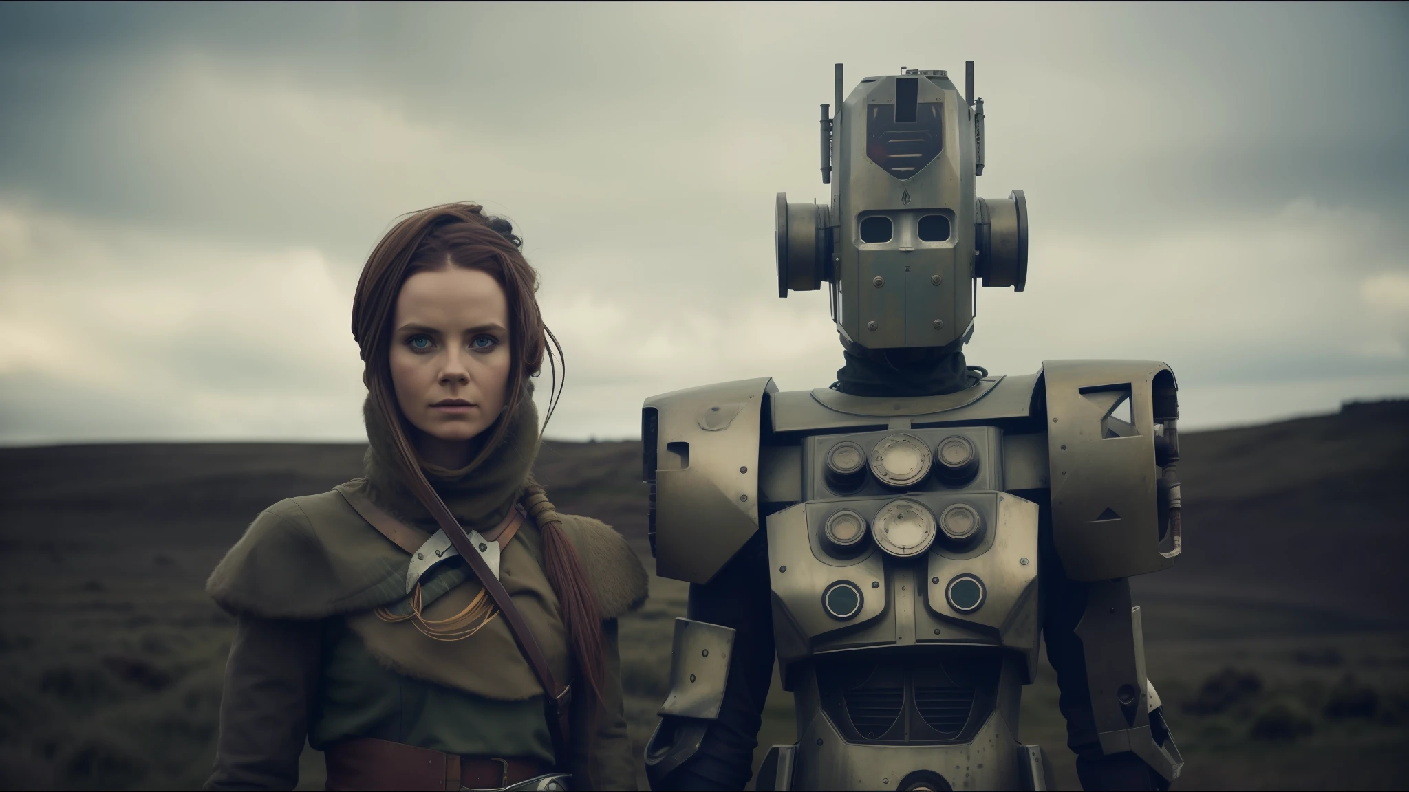 there is a woman standing next to a robot in a field, inspired by Nína Tryggvadóttir, vfx, smogpunk, irreverent characters, an epic non - binary model, moorland, medium shot of two characters, after effects, human soldiers, oilpunk, by Nína Tryggvadóttir, pathfinder