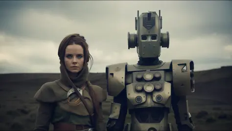 there is a woman standing next to a robot in a field, inspired by Nína Tryggvadóttir, vfx, smogpunk, irreverent characters, an e...