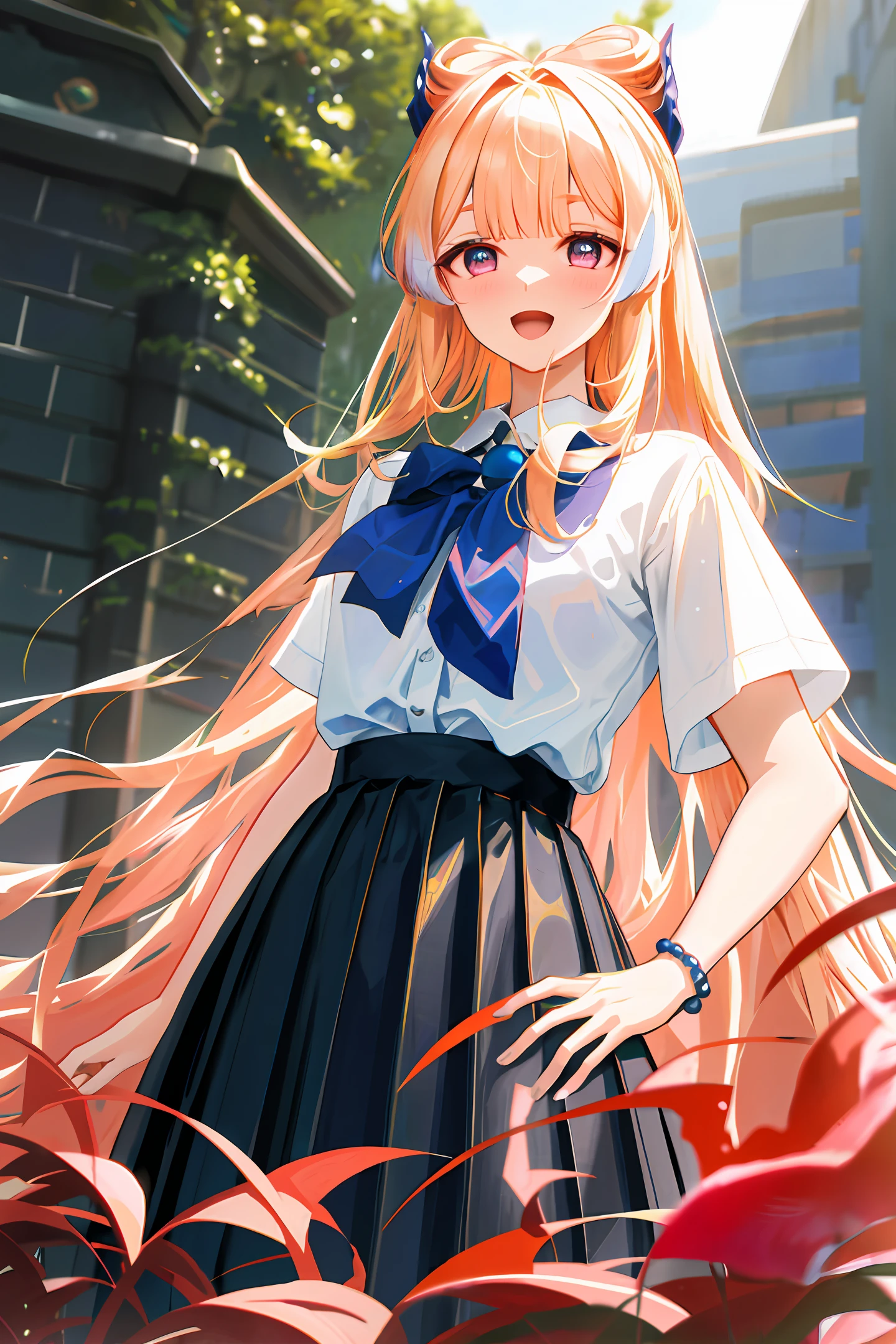 4K, masterpiece, highres, absurdres, natural volumetric lighting and best shadows, deep depth of field, sharp focus, delicate soft beautiful attractive face, anime style bisquedoll, kitagawa marin, 1girl, :d, upper body, beaded bracelet, beads, black tie, blonde hair, blue skirt, blush, bracelet, hand on own hip, jewelry, long hair, looking at the viewer, tie,  open mouth, plaid, plaid skirt, red eyes, school uniform, shirt, outdoor, skirt, smile, solo, standing, white background, white shirt, naked