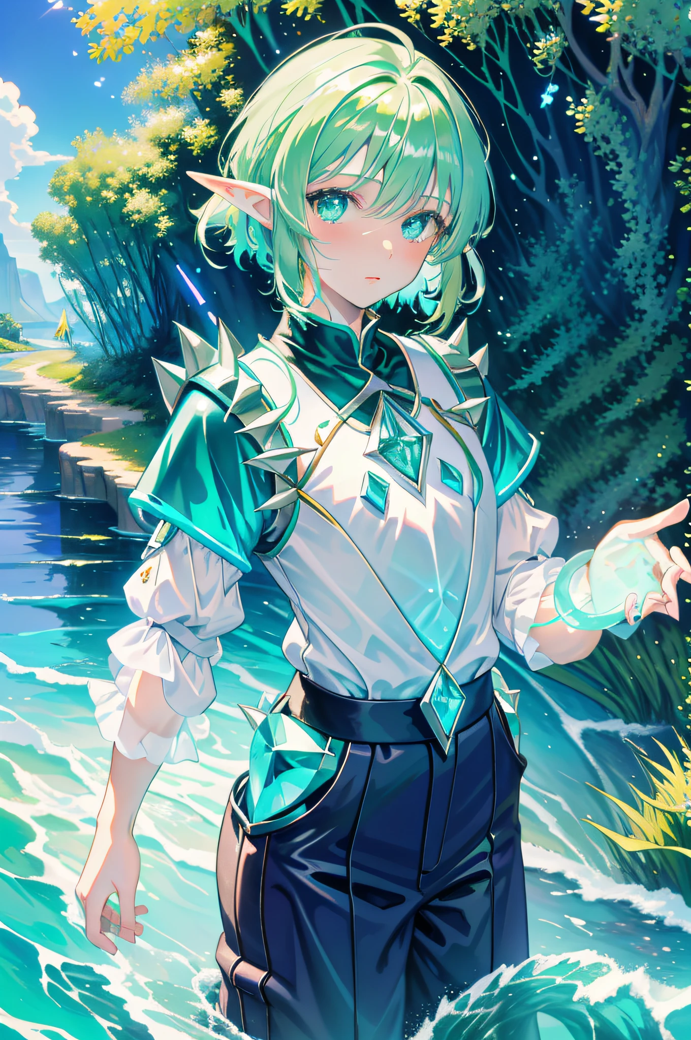 Aqua Elf, male, light-green skin, very short spiked hair, luminescent neon green crystal armor, lance, waves all around them, masterpiece, Best Quality