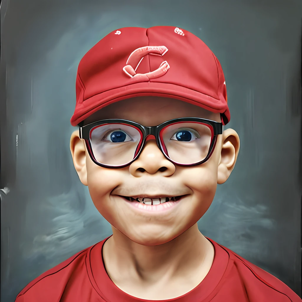 GuttonerdVision4, retrato de um menino de 3 anos com rosto firme,usando boné vermelho, imagem realista, detalhes intrincados