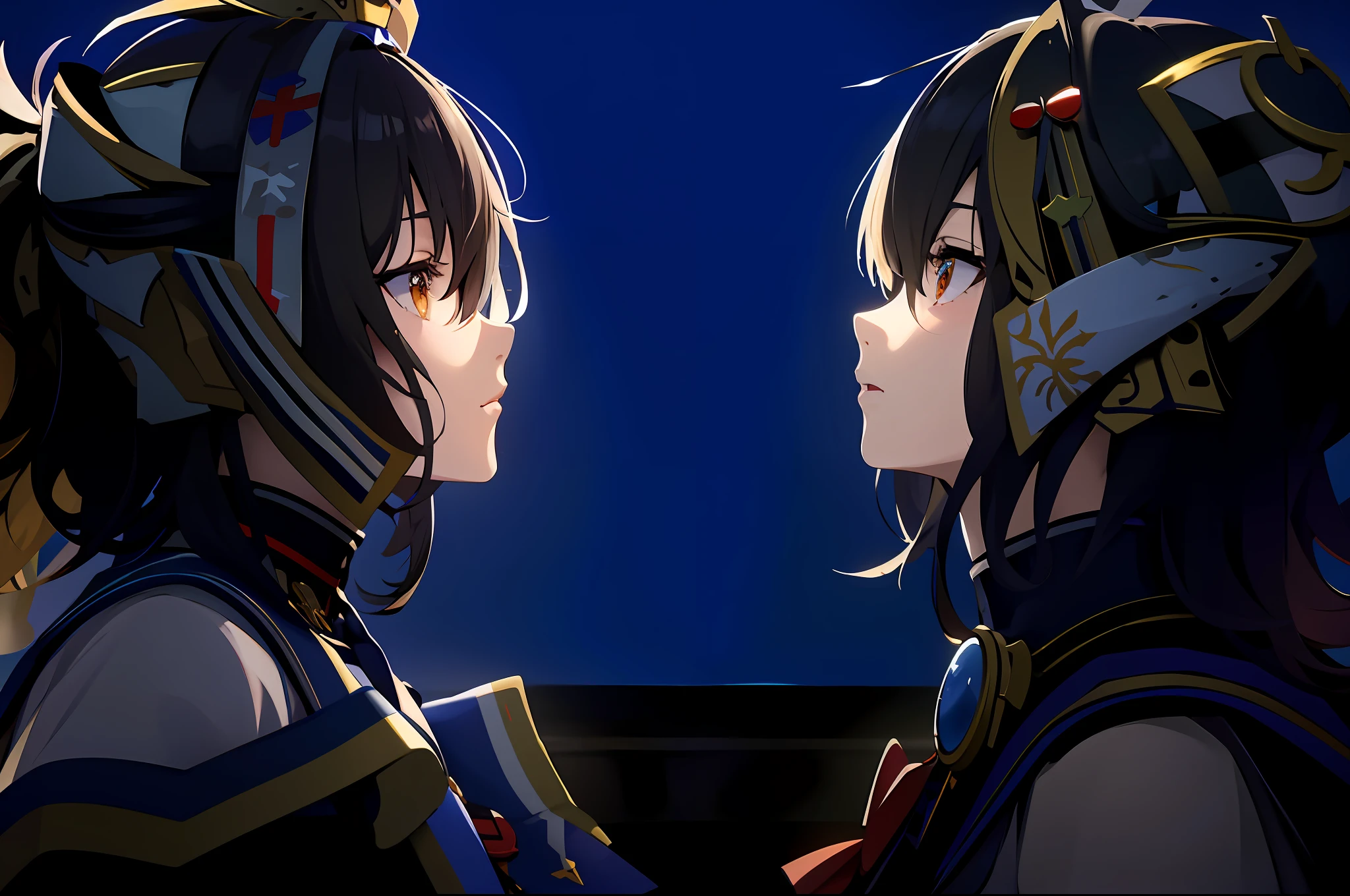 anime characters are facing each other in a dark room, from the azur lane videogame, official artwork, best anime 4k konachan wallpaper, 8k!, facing each other, official art, official render, official illustration, kantai collection style, characters from azur lane, rendered in 4 k, high detailed official artwork, 8k!!, nighttime!!