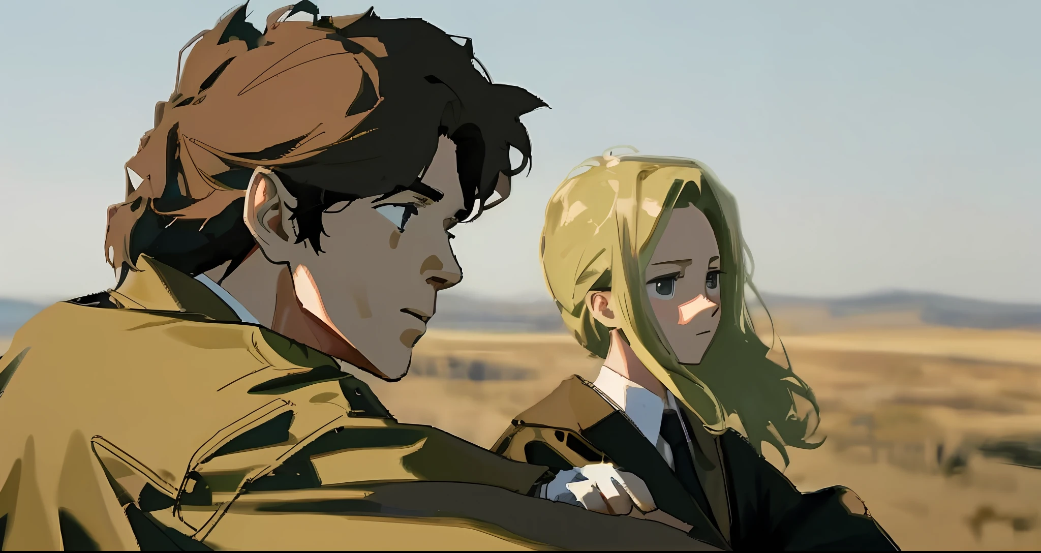 Anime scene of a man and a woman standing in a field - SeaArt AI