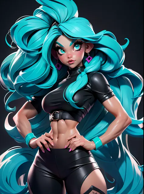 ((Best Quality)), ((Masterpiece)), ((Realistic)) and ultra-detailed photography of a 1nerdy girl with goth colors. She has ((turquoise hair)), wears a small black micro-thong, black micro-bikini , ((beautiful and aesthetic)), muscular fit body abs, sexy, u...