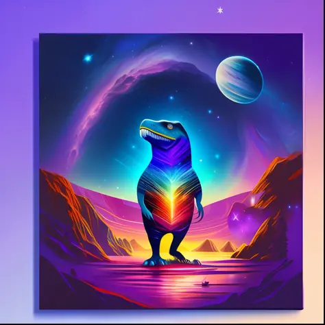 A circular digital painting depicting a T-Rex with sunglasses and a hat, in a stunning and imaginative setting. The background is filled with a starry universe and colorful galaxies, while the T-Rex stands out as a majestic central figure. The combination ...