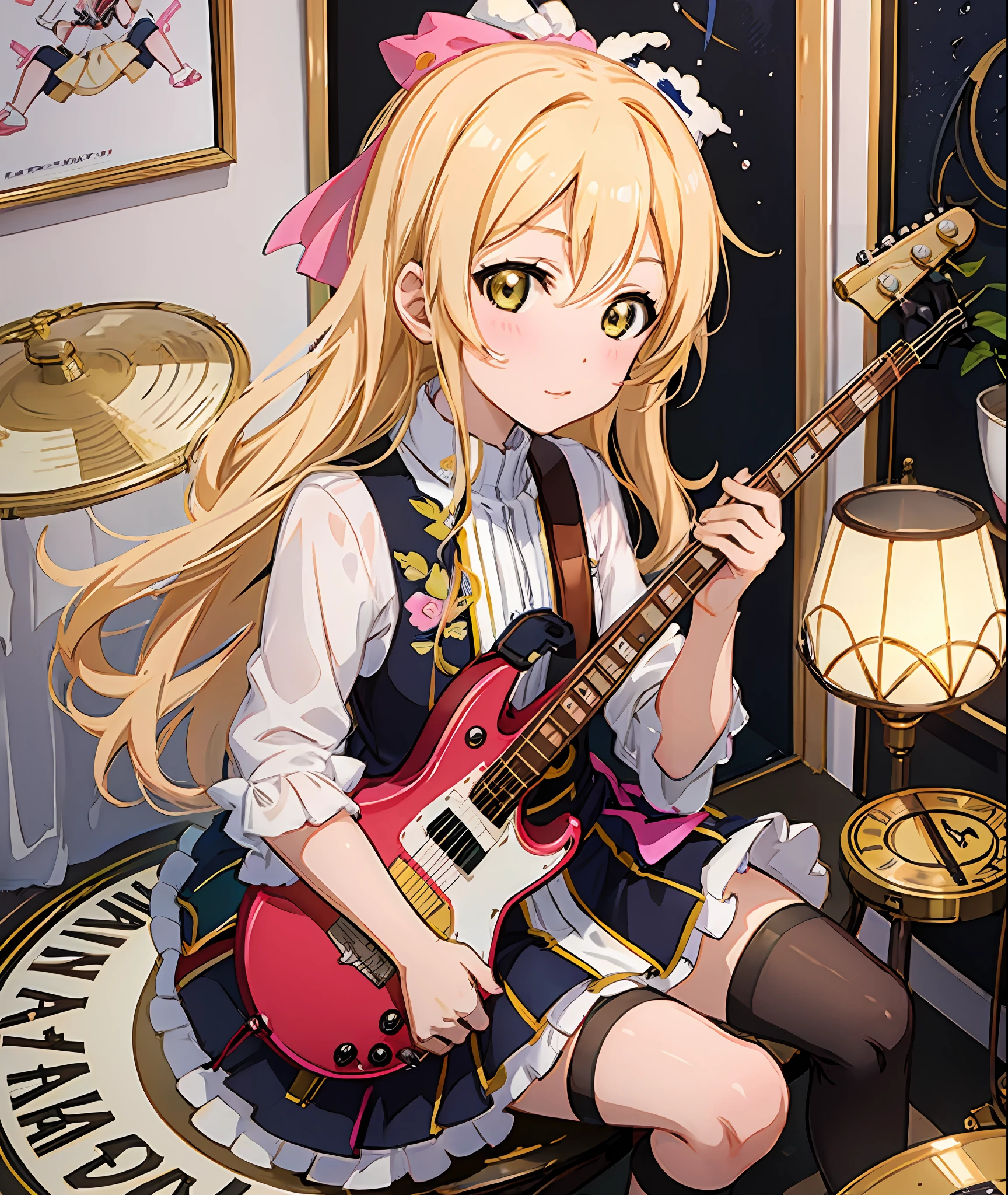 Anime Girl with blonde hair playing drums in a room, full drums, anime girl sitting playing drums, Best Girl anime, Visual anime of a cute girl, like an anime character, she has a beautiful expressive face, Today's Anime featured still, Kinmoza!, tidy room, white wardrobe with golden details, tidy pink bed, Band posters on the wall white walls,  white plaster ceiling, lamp emitting light, high quality, well detailed