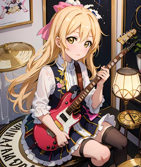 Anime Girl with blonde hair playing drums in a room, full drums, anime girl sitting playing drums, Best Girl anime, Visual anime...