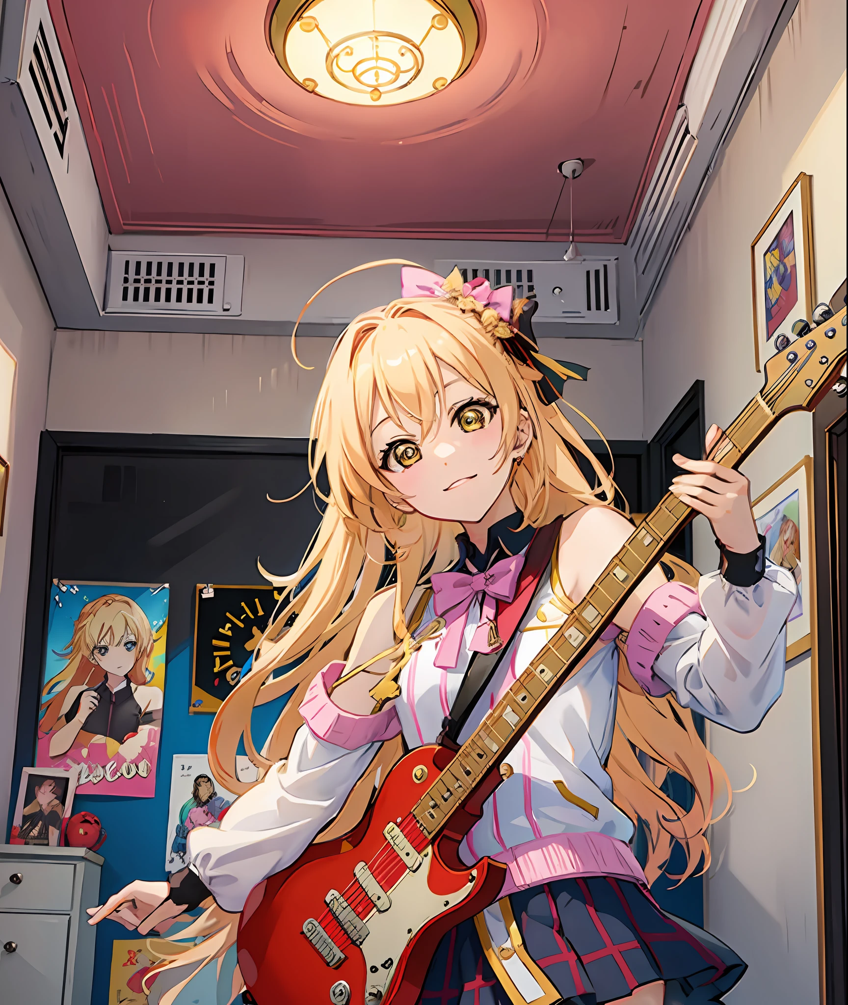 Anime Girl with blonde hair playing guitar in a room, red guitar with golden details, anime girl sitting playing guitar, anime Best Girl, look of a cute girl, like an anime character, she has a beautiful expressive face, tidy room, white wardrobe with golden details, tidy pink bed, Band posters on the wall,  white walls, white plaster ceiling, lamp emitting light, high quality, well detailed