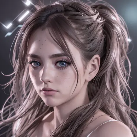 wearing a wedding dress, ponytail, cat ears, heavy makeup, beautiful eyes, freckles, lipstick, neon, cyberpunk, night, bokeh, colourful colors, dramatic lighting, ultra realistic, photorealistic, unreal render, unreal engine, hyper detailed photorealism ci...
