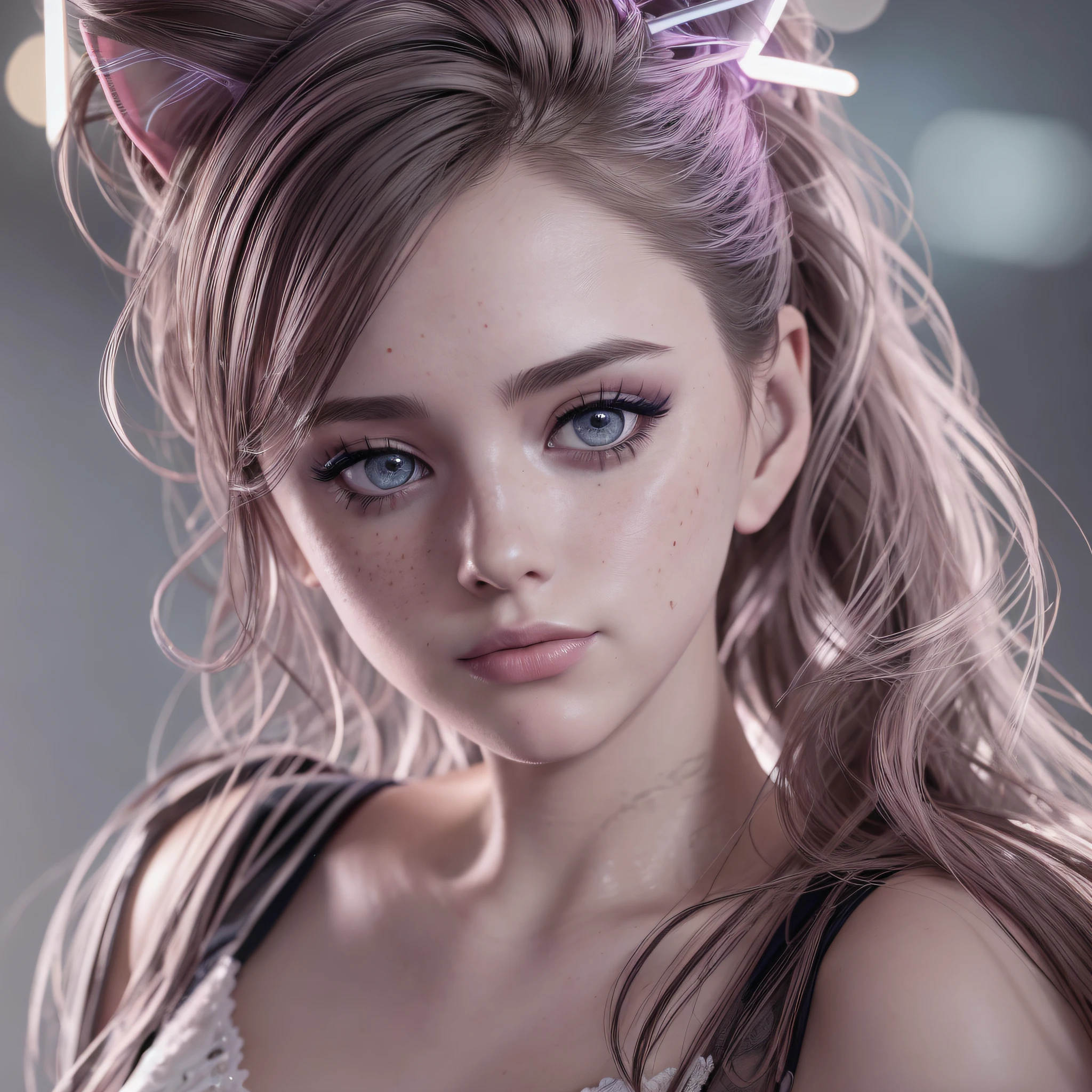 wearing a wedding dress, ponytail, cat ears, heavy makeup, beautiful eyes, freckles, lipstick, neon, cyberpunk, night, bokeh, colourful colors, dramatic lighting, ultra realistic, photorealistic, unreal render, unreal engine, hyper detailed photorealism cinematic intricate details cinematic lighting photorealistic, HDR, RTX, 4K, 8K, 16K --ar 1:1 --auto --s2