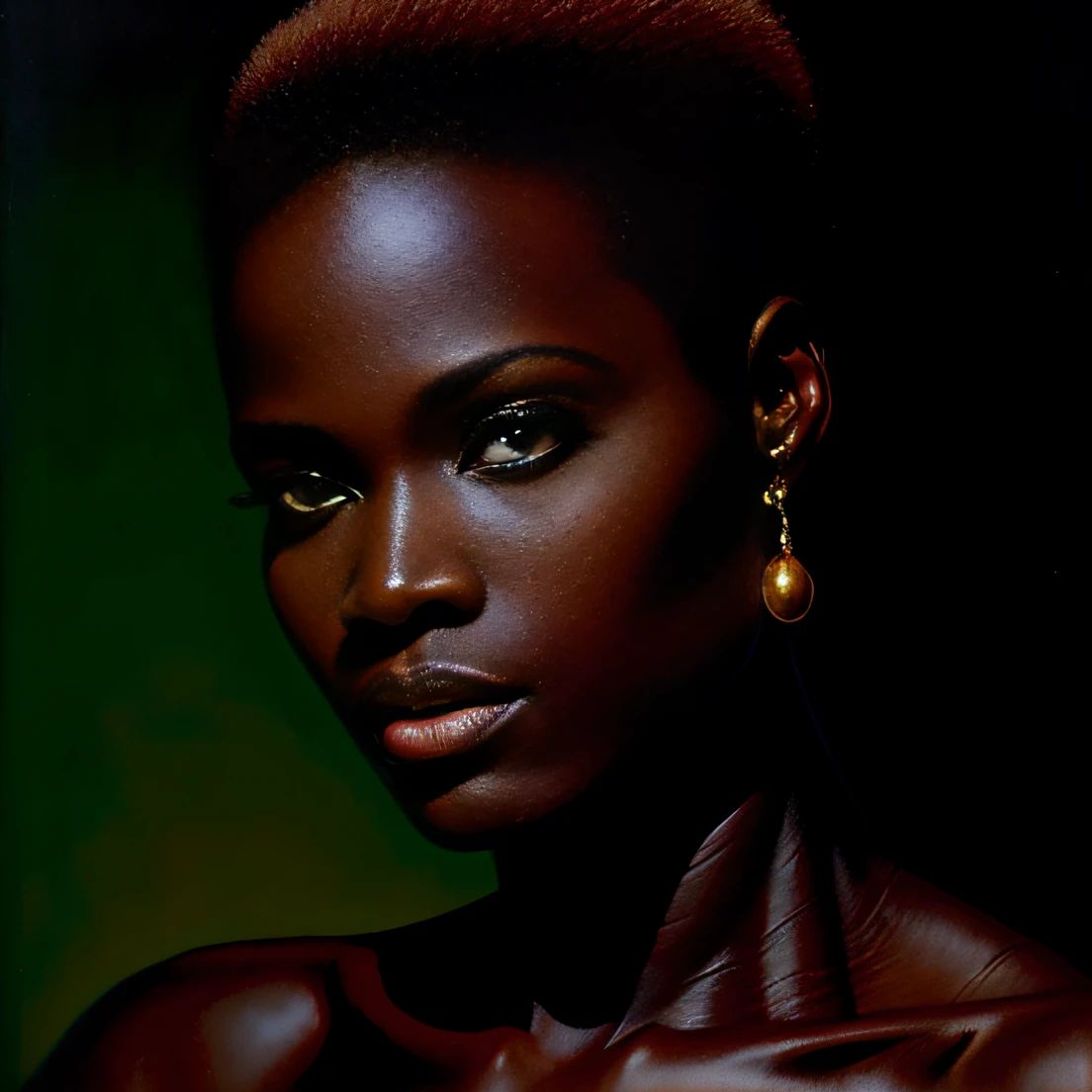 1 woman, beautiful, africa, shaved cut, fantasy brown skin, dark, dim light Alex Ross (masterpiece, best quality: 1.3),