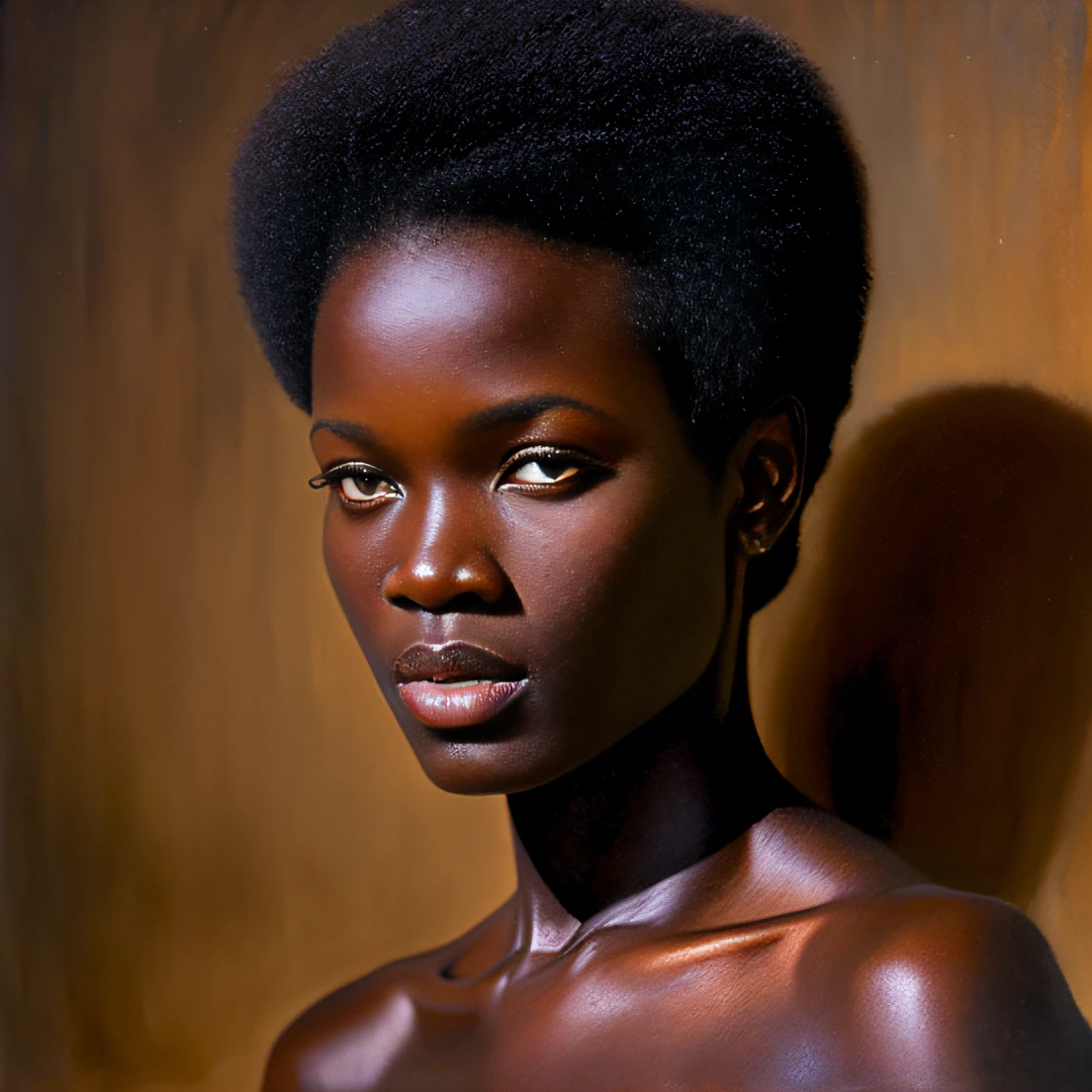 (Obra de arte, Qualidade superior, cg ultra detalhado) 1 mulher, lindo, África, corte raspado, pele morena escura, luz fraca Alex Ross:1.3