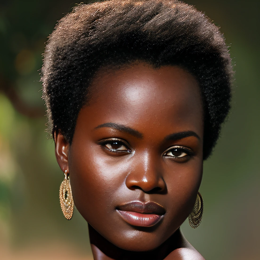 (шедевр, Высшее качество, сверхдетализированная компьютерная графика) 1 женщина, красивый, Африка, бритая стрижка, темно-коричневая кожа, тусклый свет Алекс Росс:1.3
