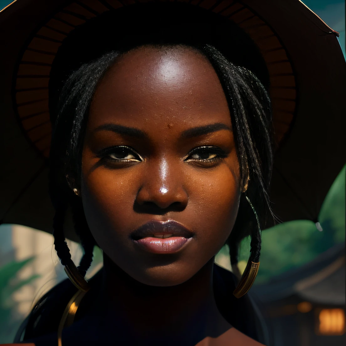 There are two pictures of a woman with an umbrella and a cat, Guweiz style art, Guweiz, beautiful character painting, Guweiz in Artstation Pixiv, Guweiz in Pixiv ArtStation, stunning anime face portrait, beautiful digital art, Wlop Rossdraws, detailed digital anime art, Guweiz masterpiece>>1 woman, beautiful, africa, shaved cut, fantasy brown skin,  dark, dim light Alex Ross (masterpiece, best quality: 1.3),