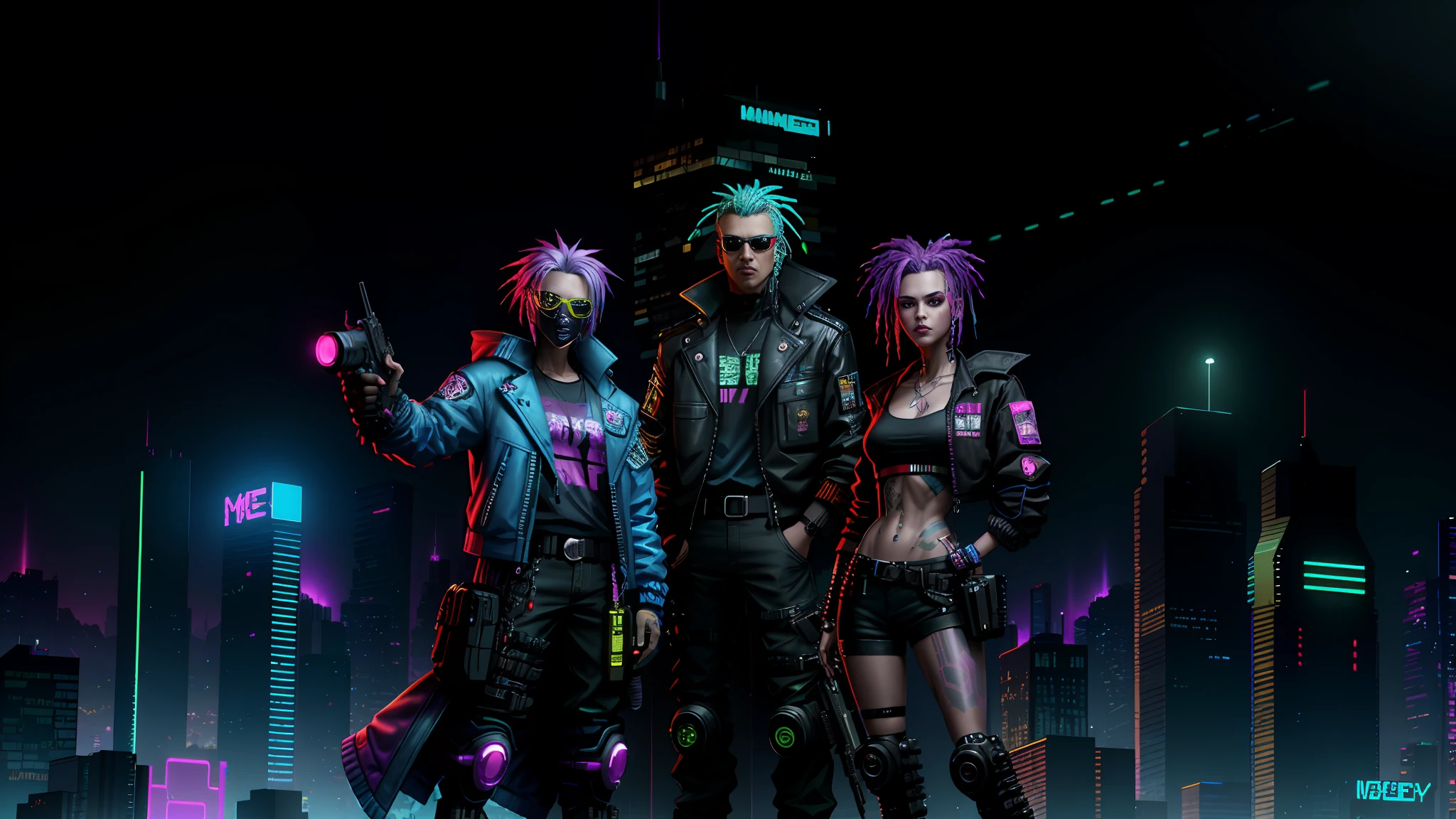 cyberpunk characters in front of a city at night, colorful clothes, cyberpunk colors, cyberpunk vibrant colors, highly detailed cyberpunk, cyberpunk style, cyberpunk character art, hyper-realistic cyberpunk style, cyberpunk noir, cyberpunk shading, cyberpunk with neon lighting, cyberpunk vibe, 80's style, robocop style, robo character, Cyberpunk 80s, robotic character,