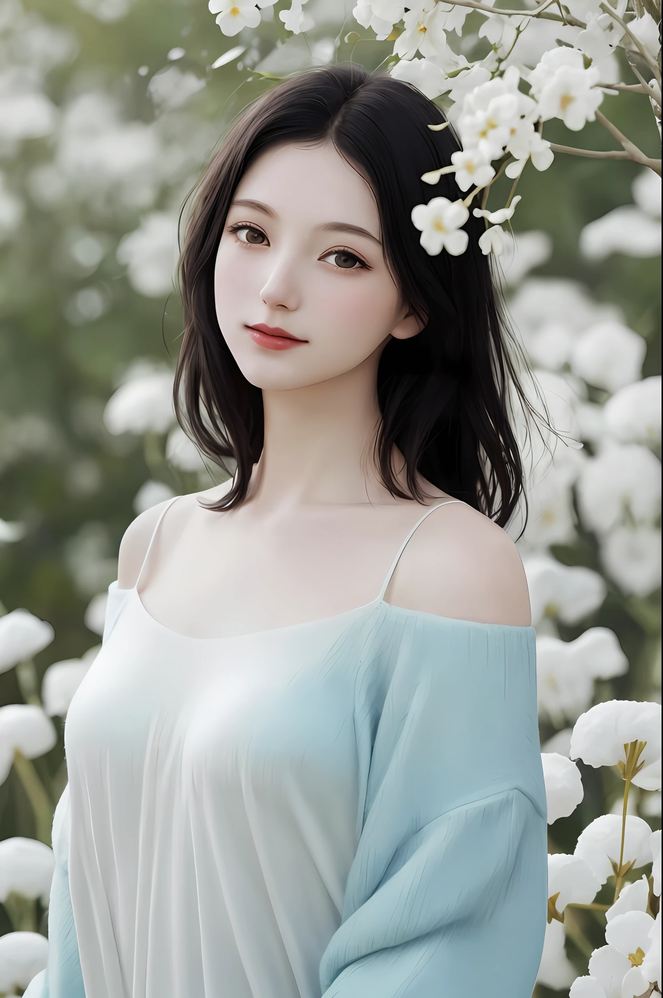 cute girl photo realistic,stands in a park where white clover blooms all around, exquisite and beautiful face, pretty face, (peach Red lips:1.1),pale skin, snow white skin, milky white skin, smooth translucent white skin,  tender and smooth skin,(black hair:1.15),short hair,smile, exquisite collarbone, seductive and delicate collarbone, charming fragrant shoulders, shoulders slightly exposed,  open-shoulder long sweater,sky blue sweater,bokeh, full body,very realistic details,  ultra-high resolution,outstanding details