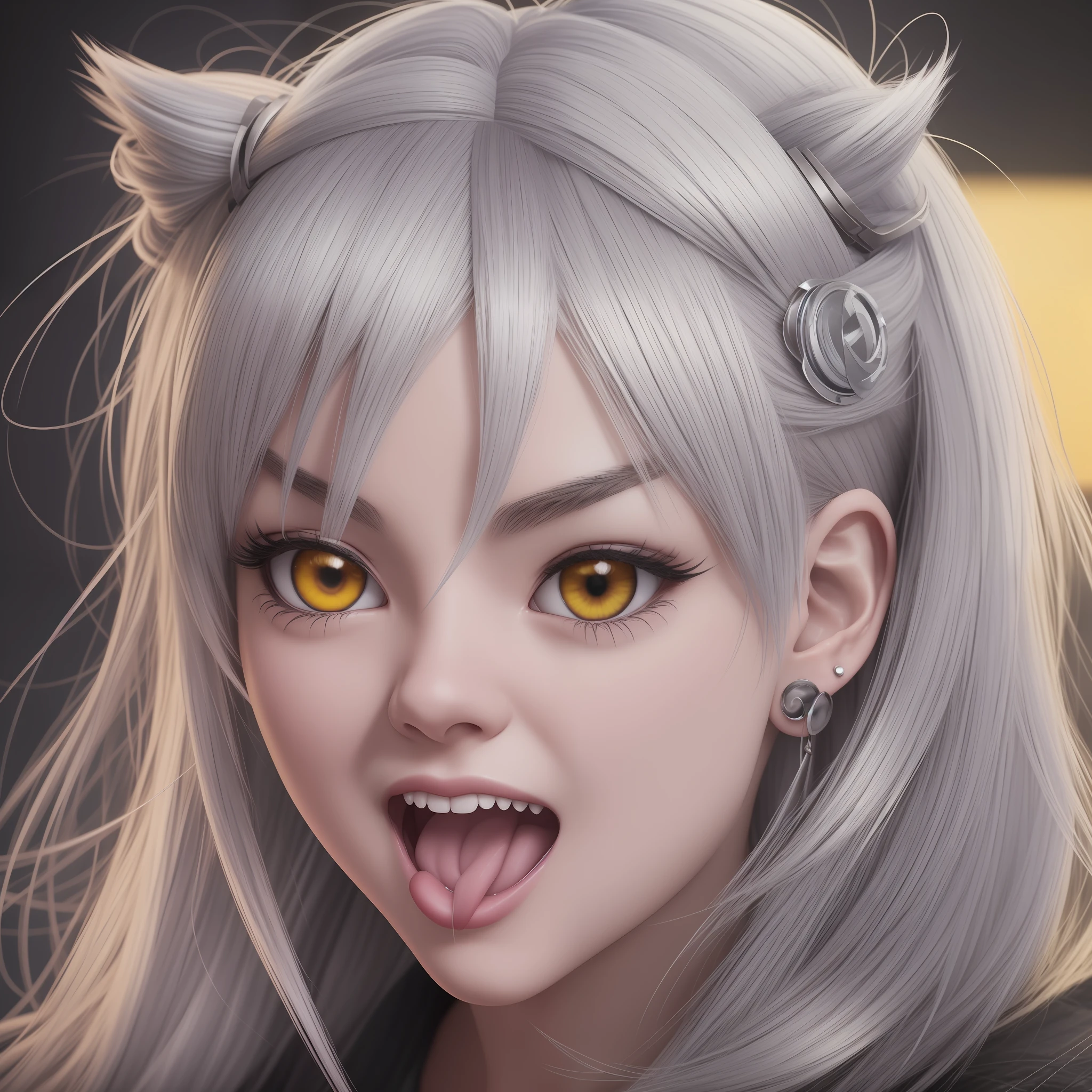 Chica anime con ojos amarillos y orejas de gato sacando la lengua. - SeaArt  AI