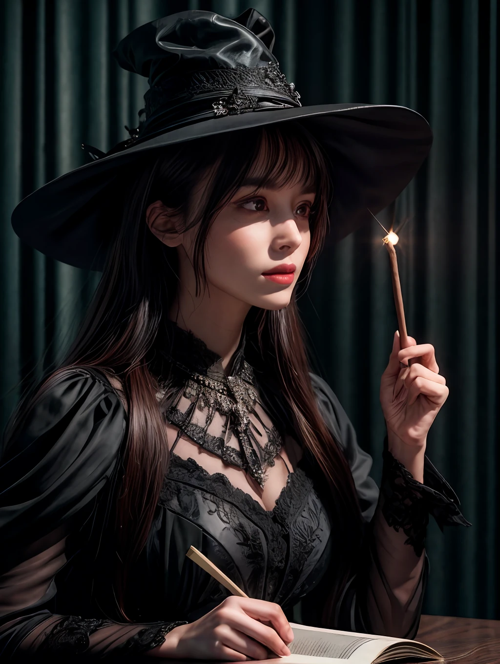 Masterpiece, best quality, realistic, high detailed, delicate and intricated, a beautiful and powerful woman, wearing a black dress, high hat, carrying an open stick and book, as if casting a spell to cast her magic, being in a dark place, and the light comes from the book shining on her face, low light, low key, light to the face, deep shadow, cinematic lighting