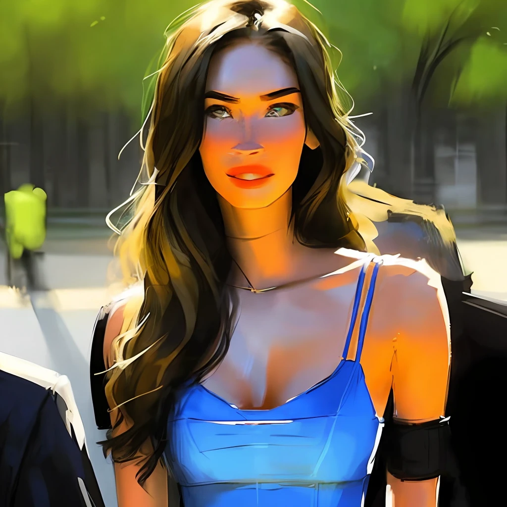 ((Samdoesarts)), (beste Qualität, Meisterwerk), 1 Mädchen, den Betrachter anschauen, unscharfer Hintergrund, Oberkörper, zeitgenössisch, Kleid, (Megan Fox), Illustration, Ton