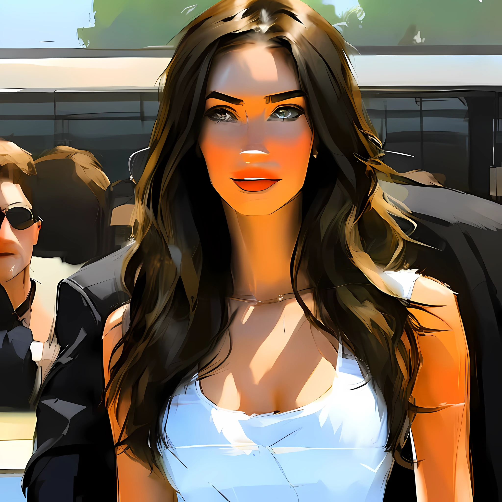 ((Samdoesarts)), (beste Qualität, Meisterwerk), 1 Mädchen, den Betrachter anschauen, unscharfer Hintergrund, Oberkörper, zeitgenössisch, Kleid, (Megan Fox), Illustration, Ton